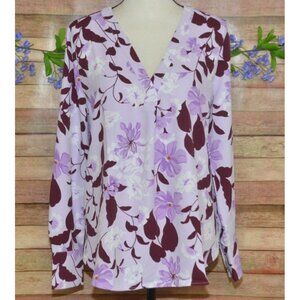 ANN TAYLOR Purple Floral V-Neck Long Sleeve Blouse 4 Button Cuffs Career Casual